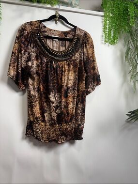 dressbarn Brown & Tan Beaded-Neckline Printed Blouse